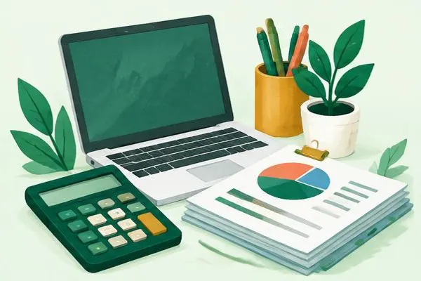 Laptop, calculator and business documents