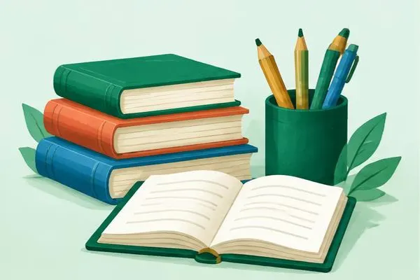 Books, an open notebook and pencils
