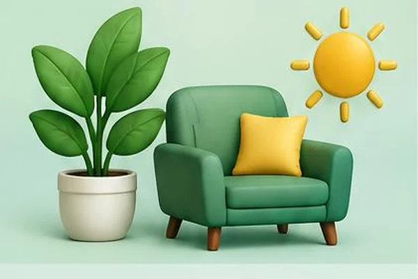 Armchair, houseplant and sun